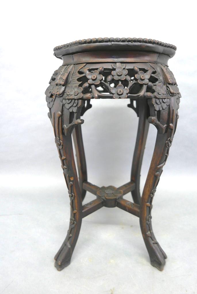 Asian Hardwood & Marble Plant Stand: Vintage Asian hardwood plant stand with marble inlay top, top rim with bead molding, carved and pieced flowers on sides, cabriole legs, 24"H