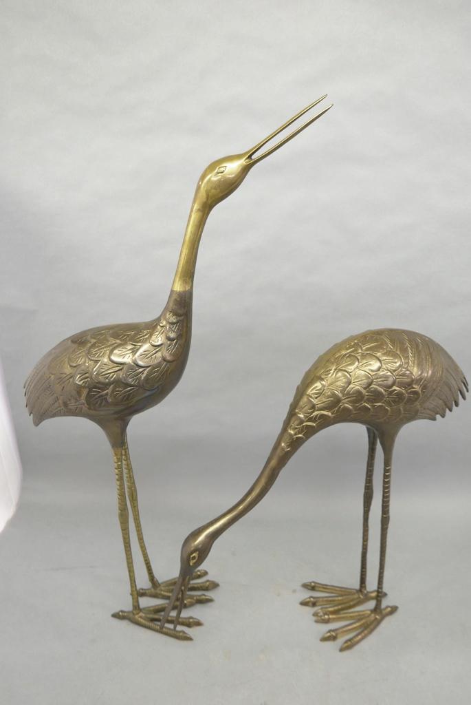 Pair of Brass Garden Egret Statues: Pair of heavy brass egret statues 37.5" and 24"H