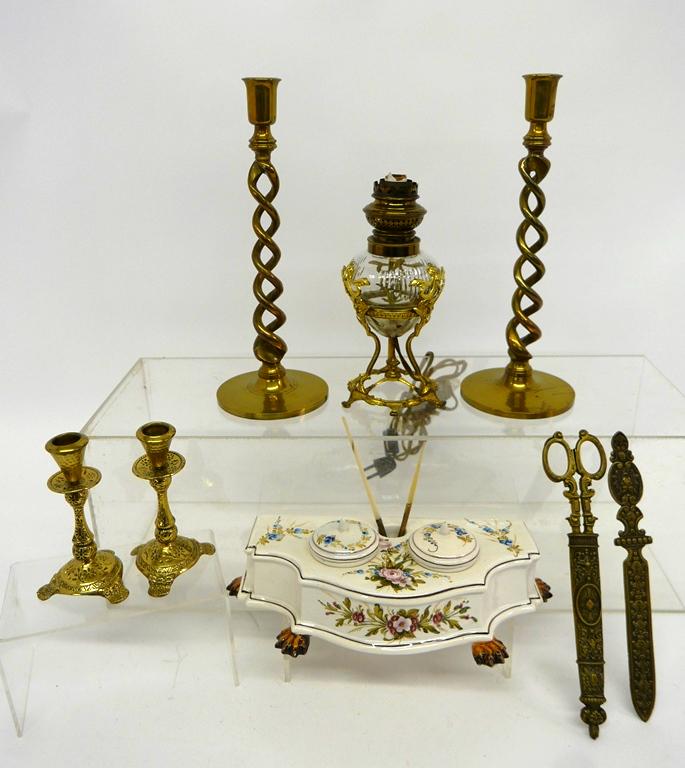 lady's Writing Set & Accessories: Hand-painted Italian ceramic writing stand with two removable inkwells & lids on paw feet 12"W, vintage German steel and bronze scissors marked Germany and letter opener, pair of vintage quality heavy