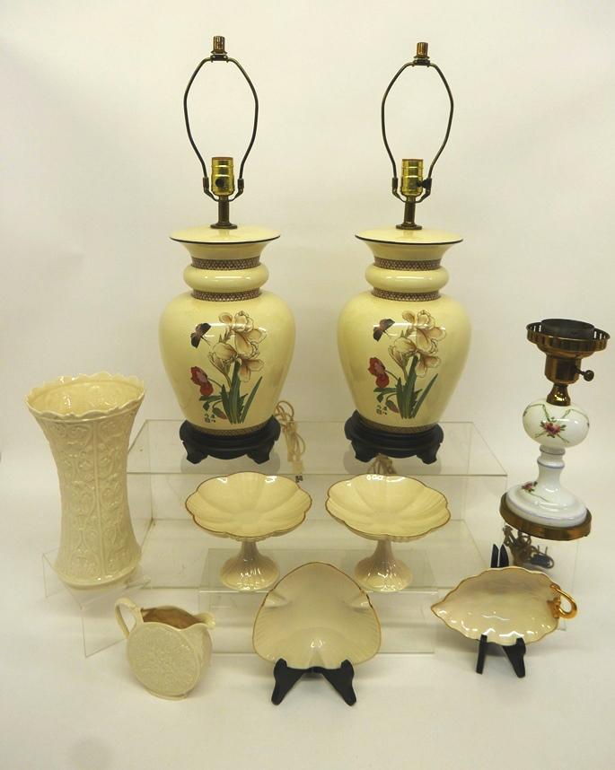 Lenox Accessories & Beige Table Lamps: Pair of hand painted ginger jar style Asian table lamps decorated with flowers and butterflies 26"H to top of finial, includes shades, Lenox vase 11"H, pair of small compotes, ashtray, leaf form bowl