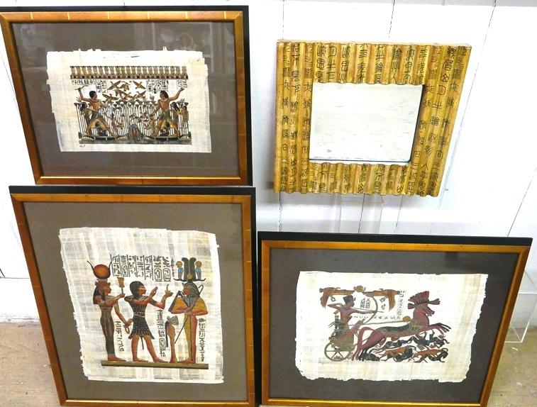 Egyptian Mirror & Paintings: Egyptian style hanging wall mirror decorated with hieroglyphics 13.5" by 15.5", three signed hand-painted Egyptian style painting of papyrus nicely mounted in black and gold wood frames 20" by 24", 21