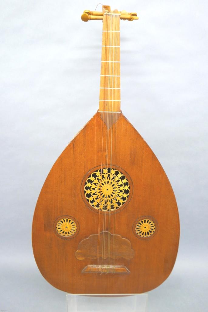Decorative 12 String Wooden Lute: Ornate decorative wooden twelve string lute 30"H, possibly from Syria