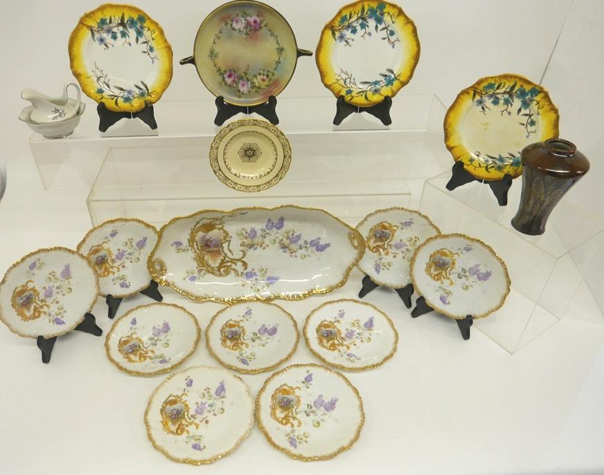 Limoges Porcelain Cake Set & Other Pieces: Antique early 20th century Limoges porcelain cake set with tray 8.5" by 16" and 9 matching 6.75"D plates, small Minton Kerry pattern bowl 5.75"D, 3 hand painted floral plates with yellow rims 7"D, Cze