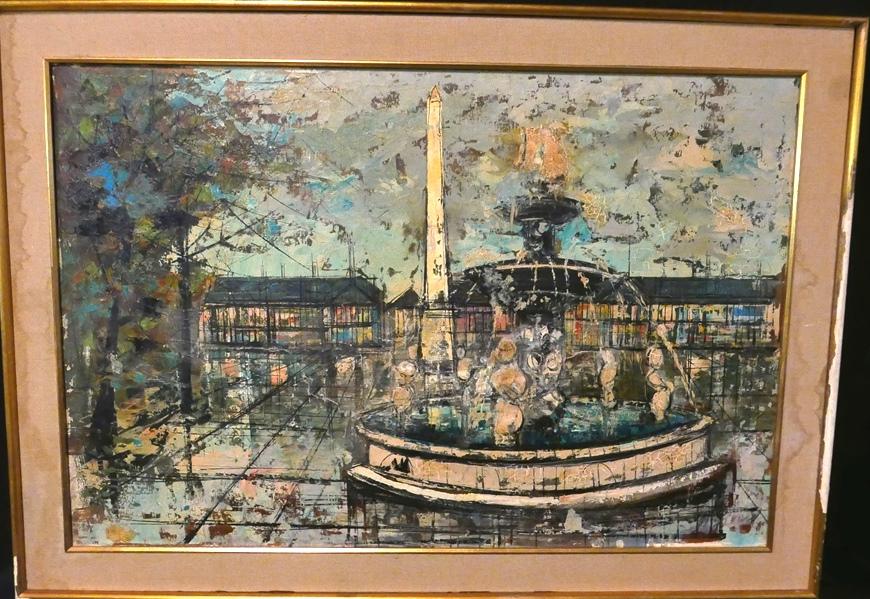 Mid-Century Large Cityscape Oil Painting: Large oil painting on canvas signed illegibly lower right, stretcher 24" by 36", housed in a wood frame with linen liner