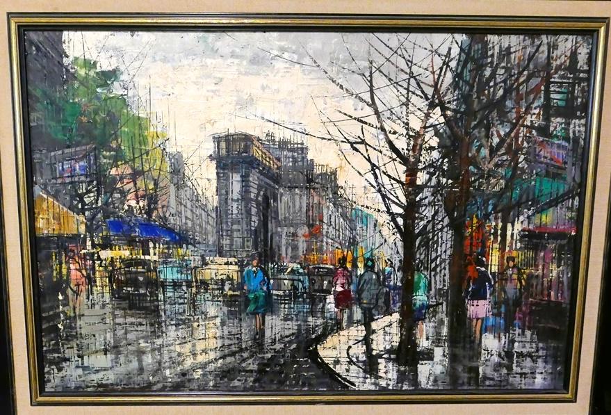 Mid-Century Large Cityscape Oil Painting: Large oil painting on canvas signed illegibly lower right, stretcher 24" by 36", housed in a black and gold wood frame with linen covered liner 28.5" by 41"
