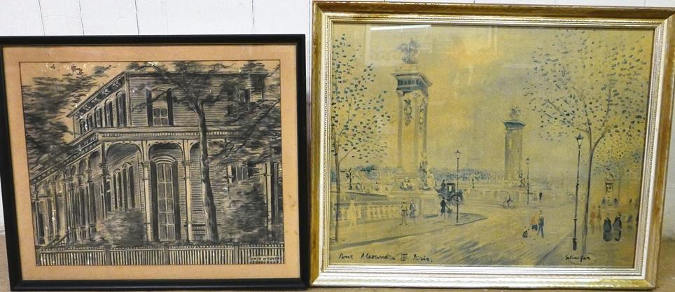 Cape May N.J. Charcoal Painting & Other: Vintage charcoal painting of a Victorian house signed lower right Owen McGovern, written on revere "Cape May Victorian Home", 21.5" by 25" overall with losses, vintage Paris print nicely framed 24" by