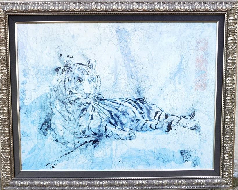 Large Tiger Painting: Large tiger painting on canvas signed illegibly lower right, stretcher5 35.5" by 47", nicely framed with liner 45.5" by 57.5" overall
