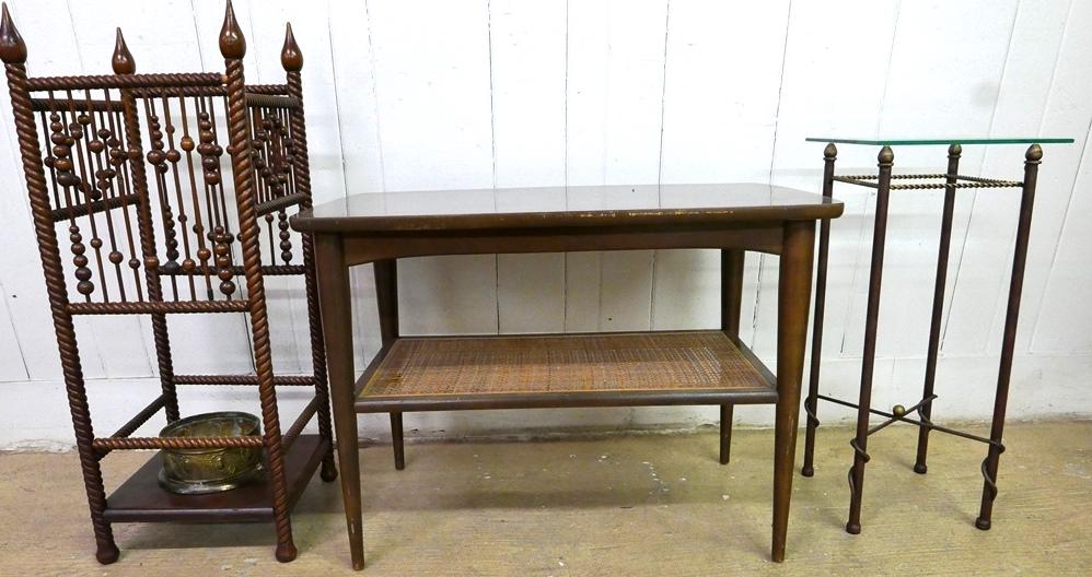 Plant Stand, Umbrella Stand & End Table: Vintage rod and ball style umbrella stand with a few repaired breaks to dowels 13.5" square by 32.5"H, plant stand with beveled glass top on metal base 11" square by 24"H, mid-century end table 21"H