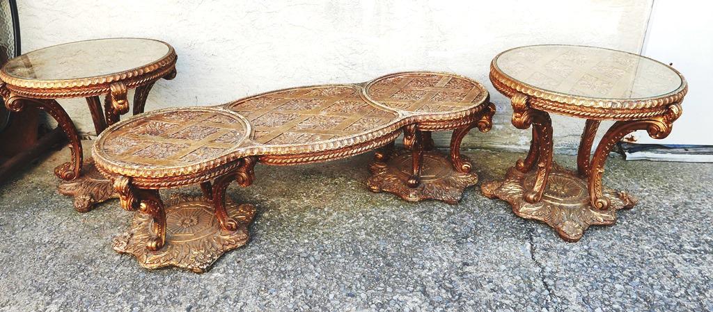 Vintage Acanthus Leaves Parlor Tables: Three Heavily Carved Parlor Tables with glass tops