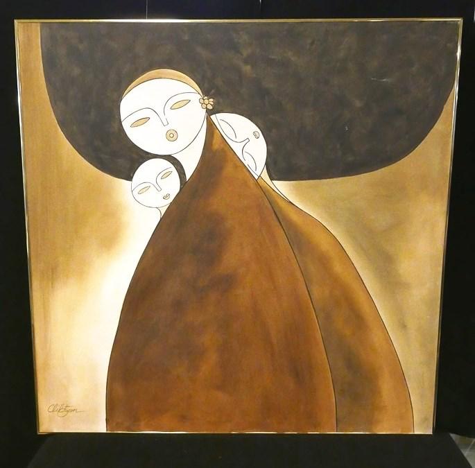 Large Modern Clifton Oil Painting: Modernist oil painting on canvas of mother and children signed Clifton lower left, housed in a gold metal frame 48.5" square