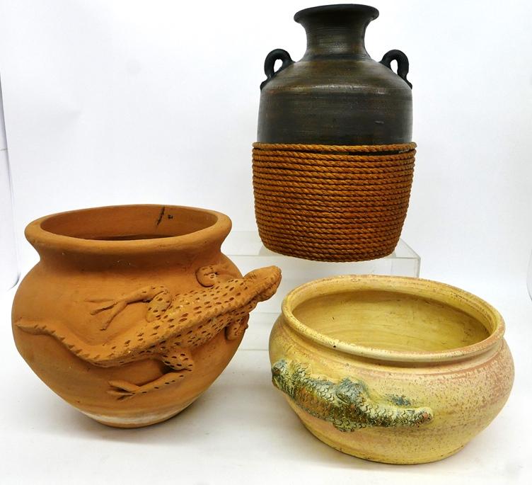 Three Large Planters: Large earthenware planter with two lizards on the side 16"W, 7.5"H, terracotta pot with large lizard on side 15"W, 12"H, earthenware vase with rope decoration 18"H