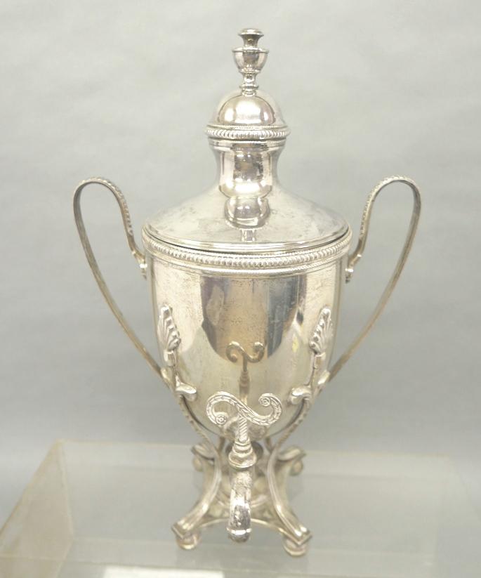 Russian Silver-Plate Hot Water Urn: Large Contemporary Russian silver-plate hot water urn with label "Treasures From Russia" 22.5"H