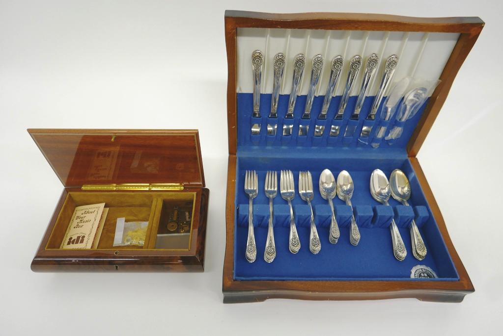 Reuge Musical Jewelry Box & Flatware Service: Italian marquetry inlaid jewelry box by Imports Ditalia in original box with brochure and key, Swiss Reuge wind-up movement plays "My Way", 10.5"W, vintage 50 piece set of Rogers silver-plate flatware