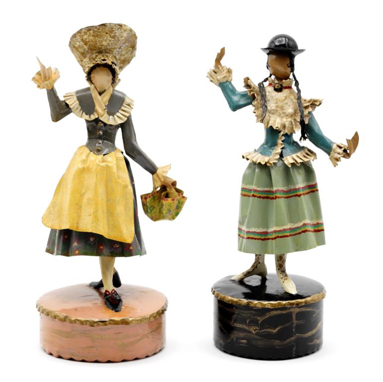 Lee Menichetti Artisan Austrian Costume Sculptures: Lee Menichetti [New York & Palm Beach Florida - 1931 to 1997] well known mid-century artist known for his theatre related art, these sculpture are made of hand bent and painted sheet brass, woman dres