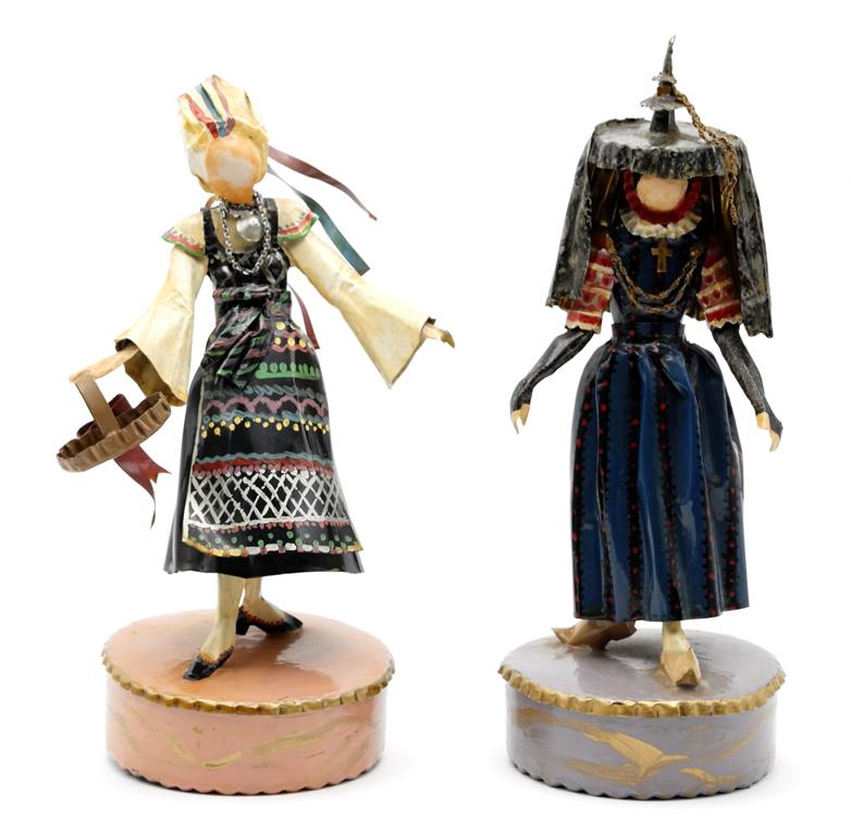 Lee Menichetti Artisan Finish Costume Sculptures: Lee Menichetti [New York & Palm Beach Florida - 1931 to 1997] well known mid-century artist known for his theatre related art, these sculpture are made of hand bent and painted sheet brass, girl in 19