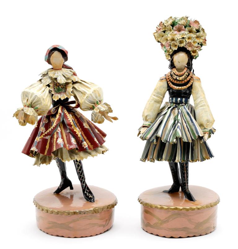 Lee Menichetti Artisan Czech & Poland Costume: Lee Menichetti [New York & Palm Beach Florida - 1931 to 1997] well known mid-century artist known for his theatre related art, these sculpture are made of hand bent and painted sheet brass, girl in tr