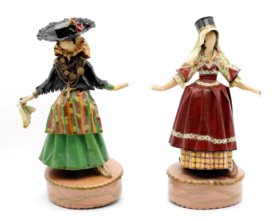 Lee Menichetti Artisan Spanish & French Costume: Lee Menichetti [New York & Palm Beach Florida - 1931 to 1997] well known mid-century artist known for his theatre related art, these sculpture are made of hand bent and painted sheet brass, woman from