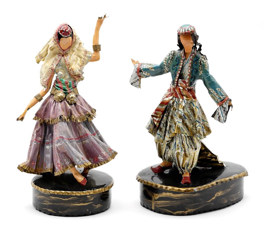 Lee Menichetti Artisan Turkish Costume Sculptures: Lee Menichetti [New York & Palm Beach Florida - 1931 to 1997] well known mid-century artist known for his theatre related art, these sculpture are made of hand bent and painted sheet brass, Turkish An