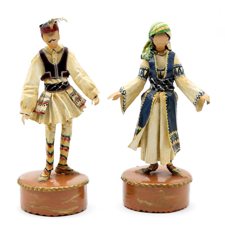 Lee Menichetti Artisan Yugoslavian Costume Sculptures: Lee Menichetti [New York & Palm Beach Florida - 1931 to 1997] well known mid-century artist known for his theatre related art, these sculpture are made of hand bent and painted sheet brass, woman in a