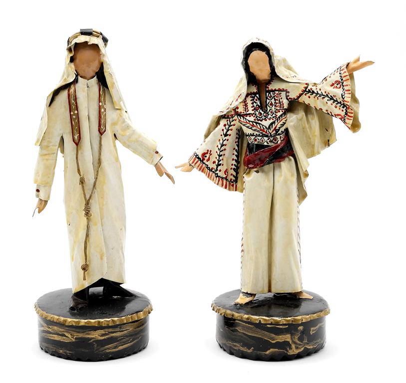 Lee Menichetti Artisan Saudi & Palestinian Costume: Lee Menichetti [New York & Palm Beach Florida - 1931 to 1997] well known mid-century artist known for his theatre related art, these sculpture are made of hand bent and painted sheet brass, Saudi Arab