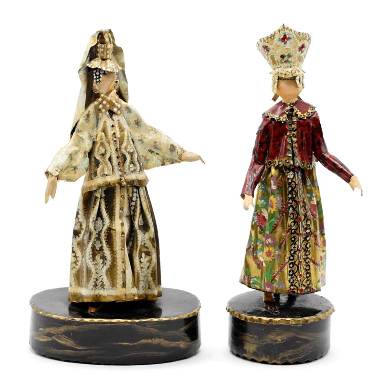 Lee Menichetti Artisan Russian Costume Sculptures: Lee Menichetti [New York & Palm Beach Florida - 1931 to 1997] well known mid-century artist known for his theatre related art, these sculpture are made of hand bent and painted sheet brass, rich peasa