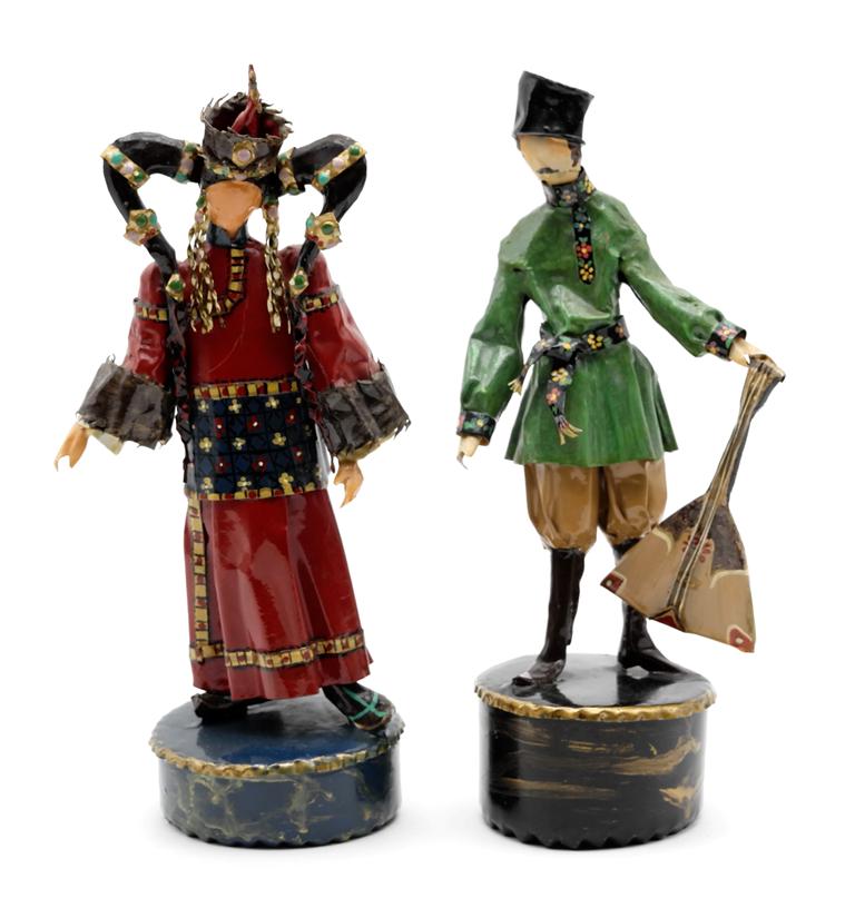 Lee Menichetti Artisan Russian & Mongolian Costume: Lee Menichetti [New York & Palm Beach Florida - 1931 to 1997] well known mid-century artist known for his theatre related art, these sculpture are made of hand bent and painted sheet brass, Russian ma