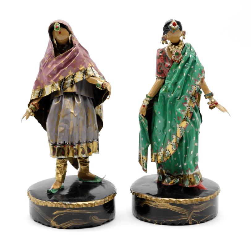 Lee Menichetti Artisan Indian Costume Sculptures: Lee Menichetti [New York & Palm Beach Florida - 1931 to 1997] well known mid-century artist known for his theatre related art, these sculpture are made of hand bent and painted sheet brass, Indian Mog