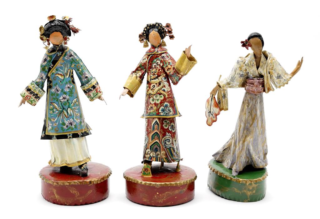 Lee Menichetti Asian Artisan Costume Sculptures: Lee Menichetti [New York & Palm Beach Florida - 1931 to 1997] well known mid-century artist known for his theatre related art, these sculpture are made of hand bent and painted sheet brass, People's R