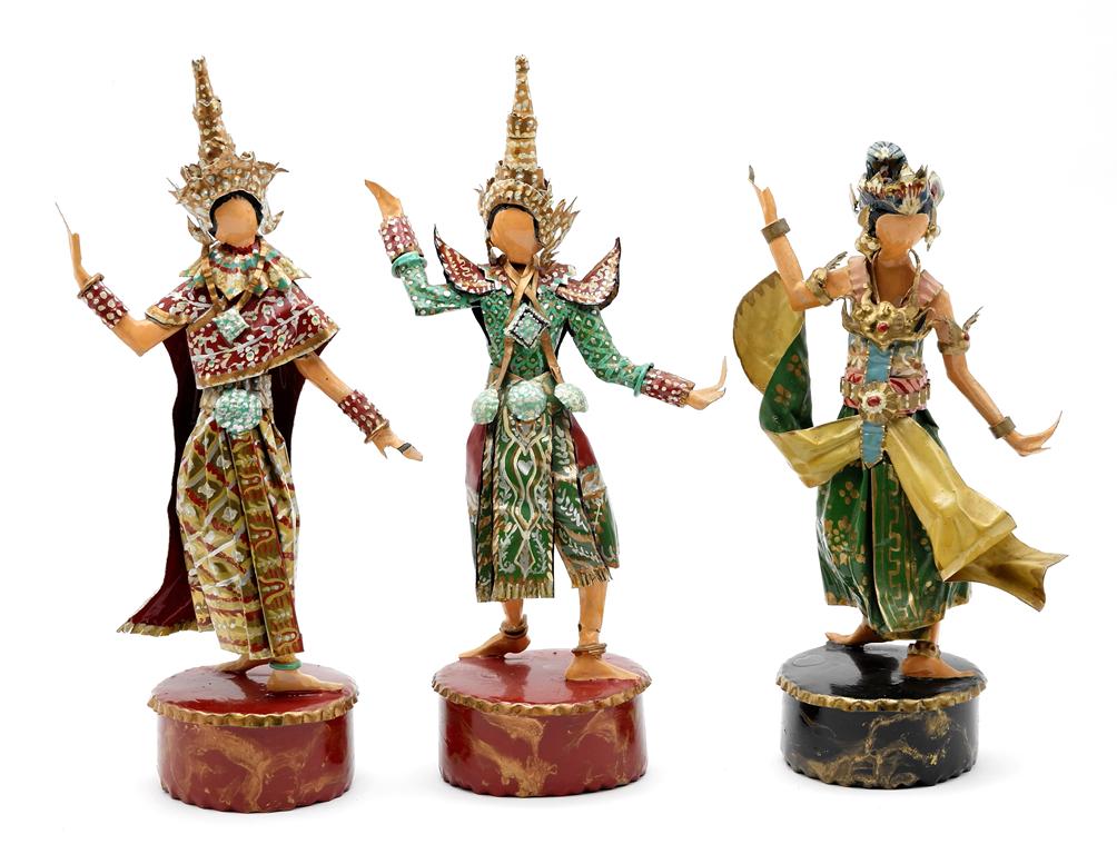 Lee Menichetti Artisan Thai Costume Sculptures: Lee Menichetti [New York & Palm Beach Florida - 1931 to 1997] well known mid-century artist known for his theatre related art, these sculpture are made of hand bent and painted sheet brass, Sita and h