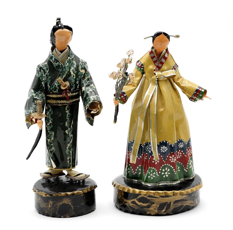 Lee Menichetti Artisan Korea & Japan Costume Sculptures: Lee Menichetti [New York & Palm Beach Florida - 1931 to 1997] well known mid-century artist known for his theatre related art, these sculpture are made of hand bent and painted sheet brass, Korean wom