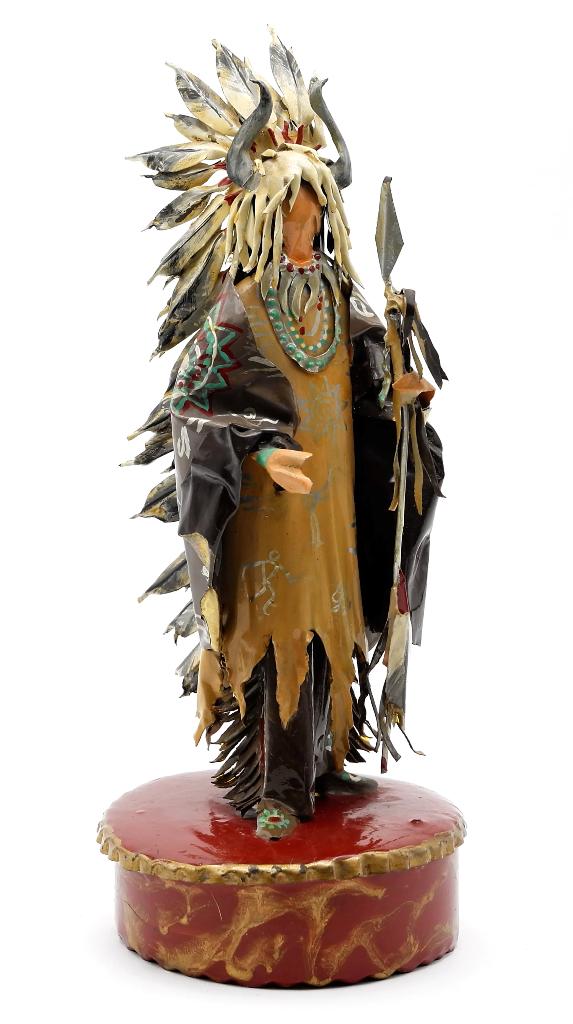 Lee Menichetti Artisan Native American Costume: Lee Menichetti [New York & Palm Beach Florida - 1931 to 1997] well known mid-century artist known for his theatre related art, these sculpture are made of hand bent and painted sheet brass, Sioux warr