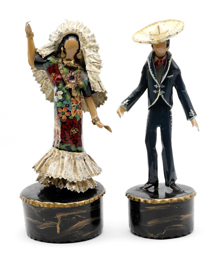 Lee Menichetti Artisan Mexican Costume Sculptures: Lee Menichetti [New York & Palm Beach Florida - 1931 to 1997] well known mid-century artist known for his theatre related art, these sculpture are made of hand bent and painted sheet brass, Mexican wo