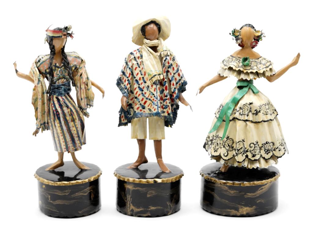 Lee Menichetti Artisan Central America Costume: Lee Menichetti [New York & Palm Beach Florida - 1931 to 1997] well known mid-century artist known for his theatre related art, these sculpture are made of hand bent and painted sheet brass, Guatemala