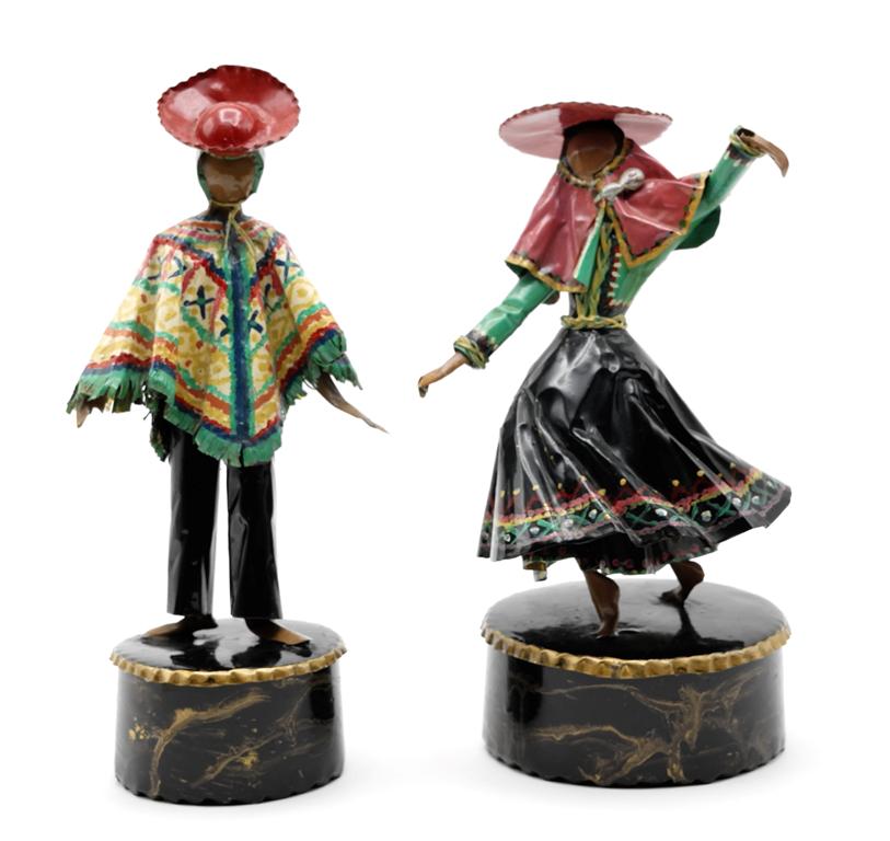 Lee Menichetti Artisan Peruvian Costume Sculptures: Lee Menichetti [New York & Palm Beach Florida - 1931 to 1997] well known mid-century artist known for his theatre related art, these sculpture are made of hand bent and painted sheet brass, Peruvian m