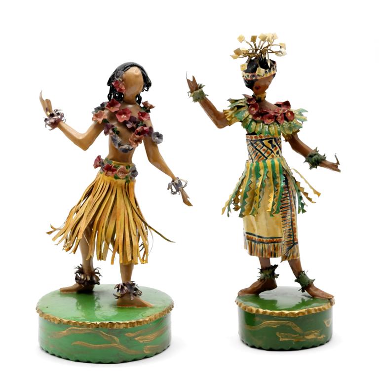 Lee Menichetti Artisan South Pacific Costume Sculptures: Lee Menichetti [New York & Palm Beach Florida - 1931 to 1997] well known mid-century artist known for his theatre related art, these sculpture are made of hand bent and painted sheet brass, Hawaiian d