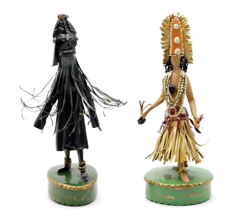 Lee Menichetti Artisan South Pacific Costume Sculptures: Lee Menichetti [New York & Palm Beach Florida - 1931 to 1997] well known mid-century artist known for his theatre related art, these sculpture are made of hand bent and painted sheet brass, Fiji Islan