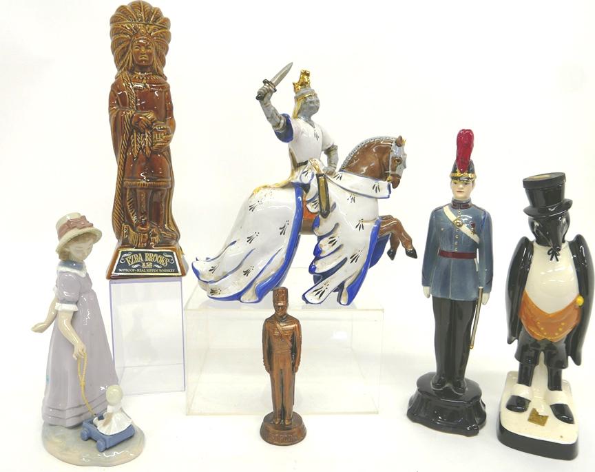 Lladro Figure & Assorted Others: Lladro porcelain figure #5044 Girl pulling wagon 11"H, Italian glazed earthenware Knight on horseback 12"L, Erza Brooks cigar store Indian decanter 15.25"H, Old Crow decanter 13"H, West Point Cadet me
