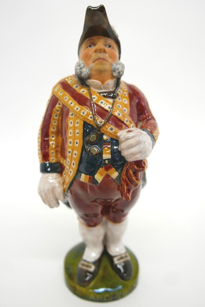 Figural Portuguese Archiero Pottery Jug: Vintage mid-century Faience of Caldas Toby jug with lid depicting Archeiro by Bordalo Pinheiro, glazed and polychrome decoration, signed with circular mark, 12"H