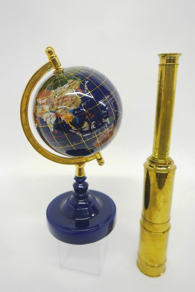 Desk Globe & Brass Telescope: Desk globe inlaid with assorted minerals 12.5"H, reproduction brass five section telescope about 36.5" extended