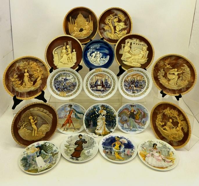 French Limoges Woman's Fashion Plates & Others: Seven French Limoges plates by Henri D'Arceau L & Fils depicting vintage couture 8.5"D and three plates depicting scenes from the American Revolutionary War, also includes 8 cast stone plates by Incol