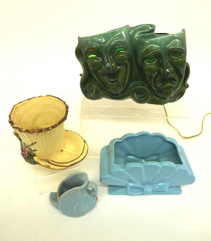 Vintage Mid-Century American Pottery: Unusual Royal Haeger Comedy & Tragedy Masks lamp, a regular bulb illuminates the eyes on the left, ultraviolet lamps on the right light up eyes, kill odors and insects 11"W, Abingdon fan and bow plant