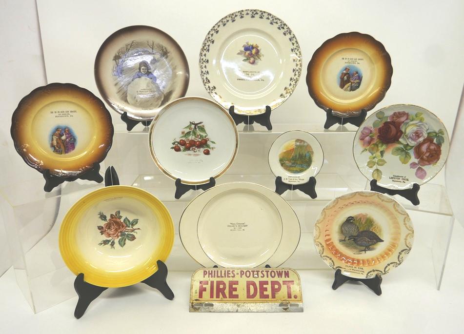 9 Pottstown, Boyertown & Area Advertising Plates: Nice group of ten antique advertising plates from the Western Montgomery County and Berks County Pa. area, average size 9", places include Pottstown, Boyertown, Sassamansville and Bechtelsville and Fr