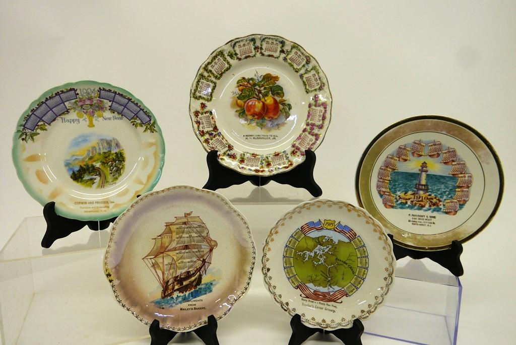 5 Antique Advertising Calendar Plates: H.H. Renninger Jr. 1909 floral plate, Bausher's Corner Grocery 1915 Panama Canal plate, Perth Amboy N.J. 1910 lighthouse plate, Mailey's Bakery 1911 sailing ship plate, New Fane N.Y. 1924 railroad pla
