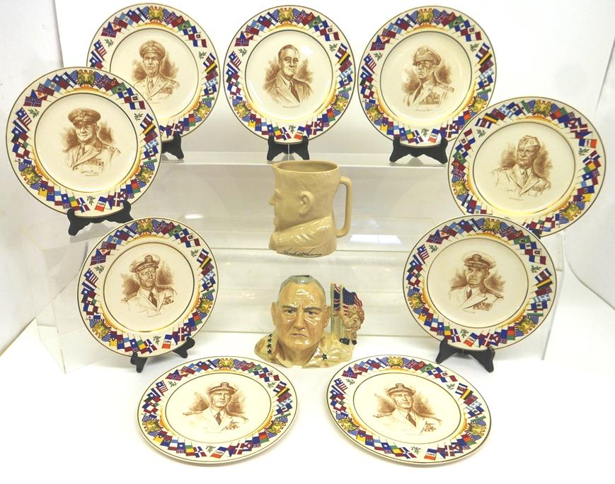 Allied Nations Plates & Toby Jugs: Set of nine Allied Nations Commemorative Series plates by The Salem China Co. Salem Ohio 11"D, Syracuse China Herbert Hoover Toby jug 6.5"H, Staffordshire England General Norman Schwarzkoff Toby mug 7