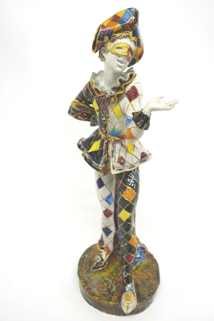 Large Harlequin Clown Figurine: Large polychrome harlequin clown sculpture, ceramic with a bisque head and hands 27"H