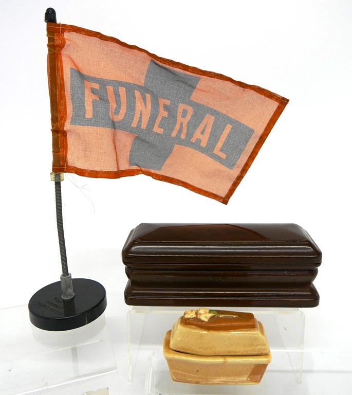 Boyertown Advertising Casket & Others: Vintage hinged wood advertising casket with lined interior labeled "Boyertown" for Boyertown Casket Company 7"L, vintage magnetic Funeral car sign, small ceramic casket with a frog inside
