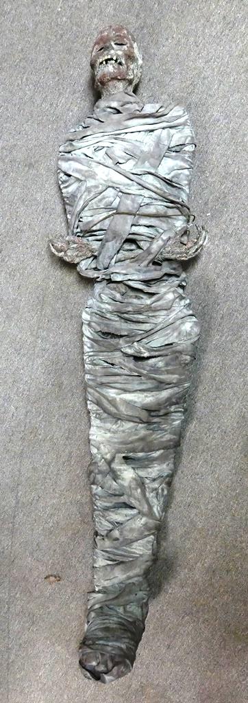 Vintage Mummy Store Display Figure: Vintage mummy store display, paper mache head and hands, painted canvas covering 65"H