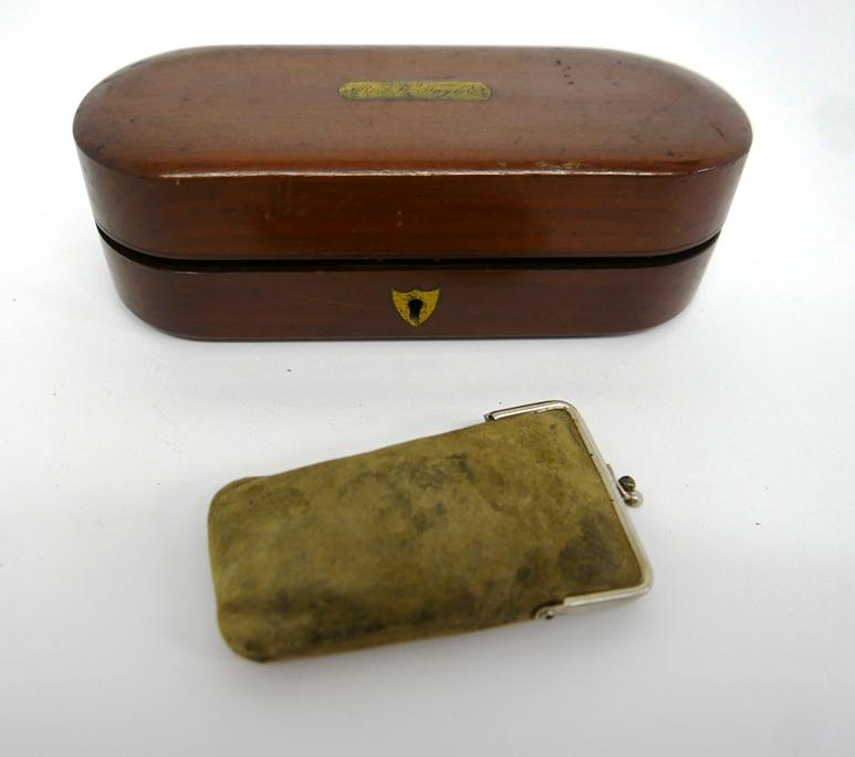 Traveling Shaving Kit & Utensils: Antique late 19th century mahogany cased, traveling shaving kit, exterior has brass lock and engraved name plate, interior contains a nickel plated soap container, original key, 2 straight razors, pen