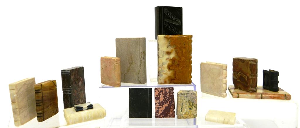 Collection of Carved Stone Book Paperweights: Group of 17 carved hard stone and 1 coal miniature book paperweights, circa late 1800's / early 1900's, one book is dated 1907, range from 1" to 3.5" in height