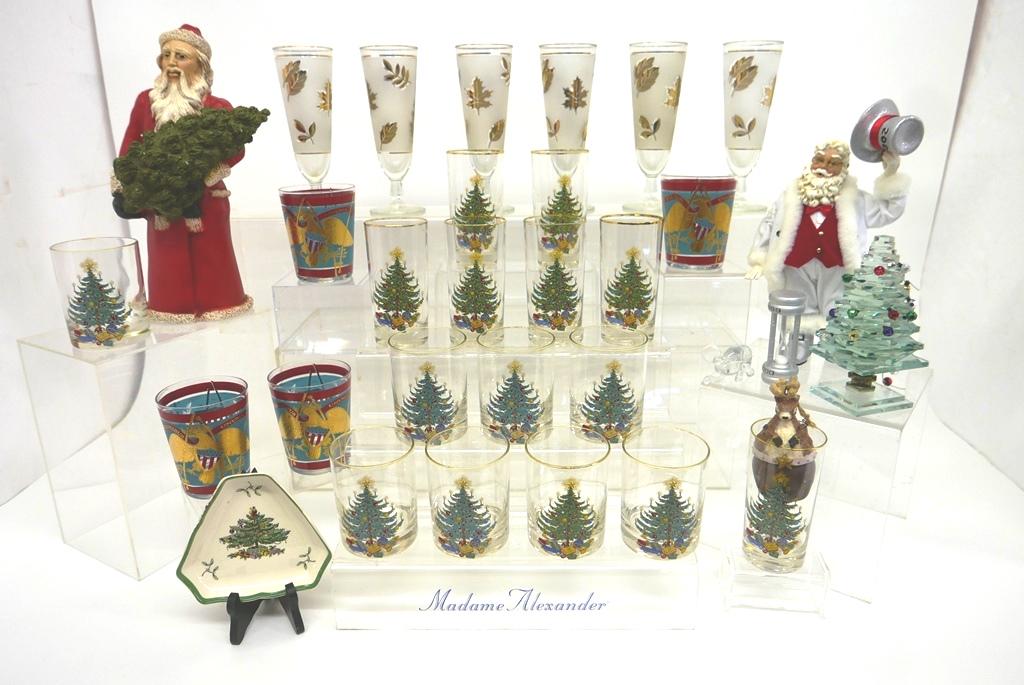 Sets of Xmas Glasses & Decorations: Set of 6 mid-century frosted Tom Collins glasses 8"H, seven tall xmas tree glasses 5.5"H, eight xmas tree tumblers 4"H, stacked glass xmas tree statue 6.75"H, Spode xmas tree dish, also a set of four 